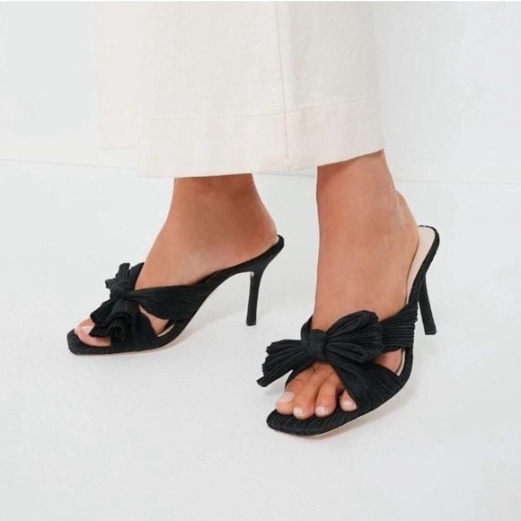 Loeffler Randall Claudia Black Pleated Bow Heeled Mule Sandals 8 - Picture 1 of 15